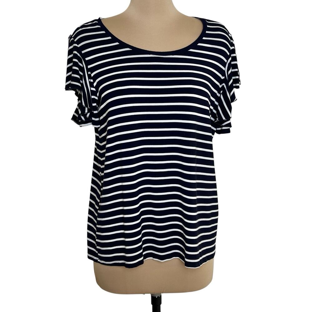 Grace Lace Striped Top Medium Blue White Coastal Preppy Flutter Sleeve Stretch